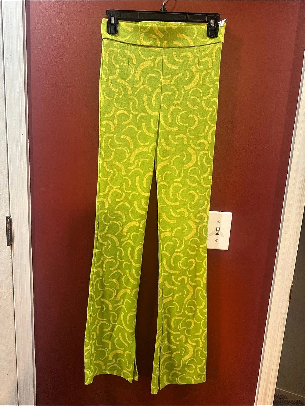 Zara Abstract Print Split Hem Flare Pants Green & Yellow Small